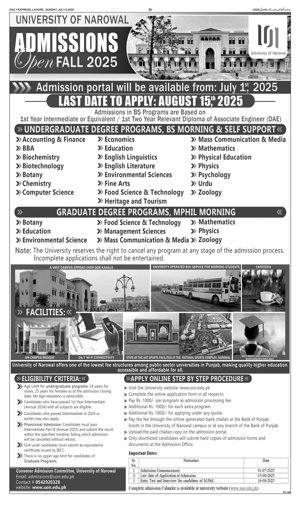Admission Open in University of Narowal
